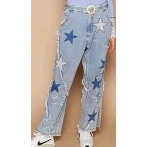 POL Blue Denim Wide Leg Stars Distressed Jeans Pant Silver Grommets Elastic Back